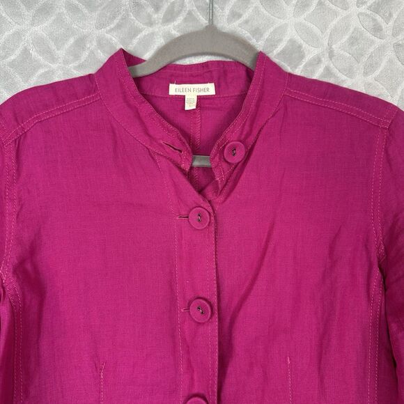 Eileen Fisher Irish Linen Jacket Small Pink Tie Back Mandarin Collar Lagenlook - Picture 2 of 12